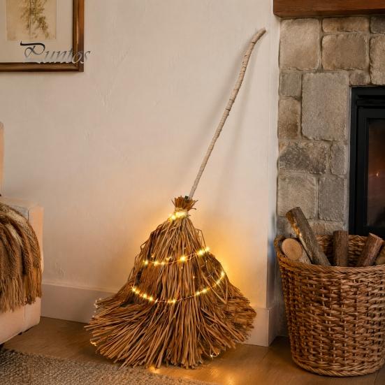 Rustic Farmhouse Fall Decorations 5.5 Ft Giant Light-up Witch Broom, Vintage Twig Broom with String Light, Charming Themed Party Supplies Decoration