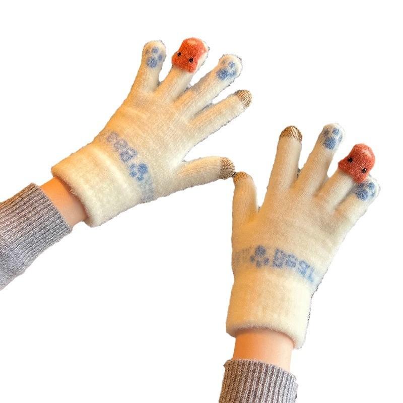 Cute Plush Gloves for Women - Winter Thickened Warm Touchscreen Knitted Wool Cycling Gloves