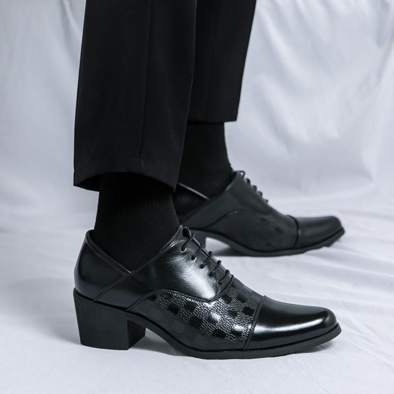 Pantofi cu toc înalt gros de înaltă calitate 6cm Pantofi sociali britanici Bărbați Brogue Platformă Pantofi din piele Pantofi formali de afaceri din piele pentru bărbați