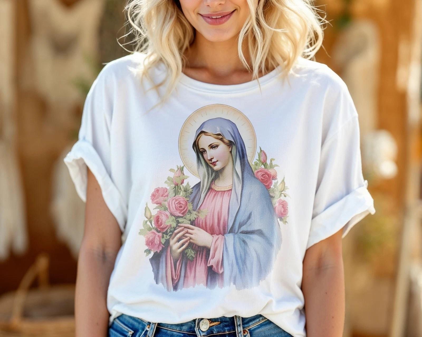 Blessed Mother Virgin Mary Graphic Tee Catholic Faith T-Shirt Womens Vintage XL