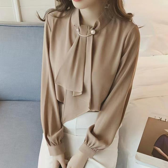 Korean Style Lantern Sleeve Knitted Ring Buckle Chiffon Blouse - Women's Long Sleeve Pullover Top