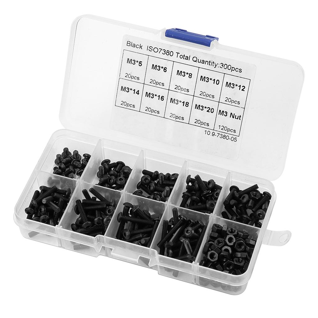 Kit Assortimento Bulloni Vite Dadi Testa Bombata Esagonale M3 Neri Grado 10.9 da 300 Pezzi