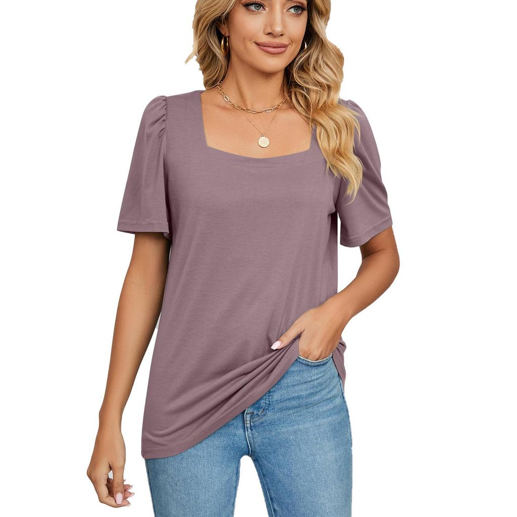 T-shirt d'été à manches courtes et col carré pour femme, couleur unie, ample