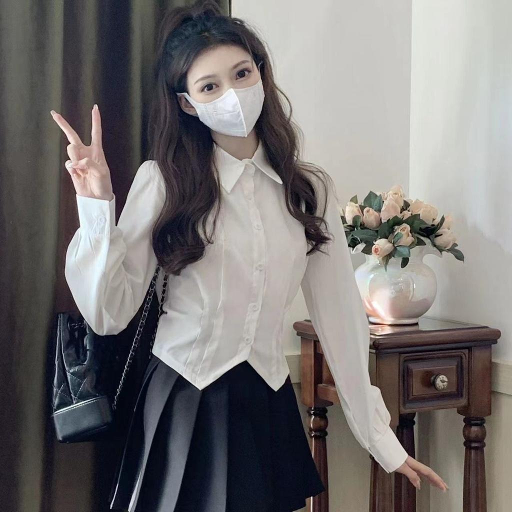 White Long Sleeve Vintage Shirt Women Slim Tunic Button Up Basic Blouse School Polo Neck Crop Top Female