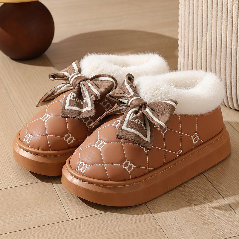 High-heeled cotton slippers, thick-bottomed bag and indoor household fashion versatile bow PU slippers, thickened and warm in winter