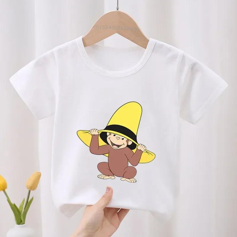 Curious George Roztomilý opičí potisk Dětské tričko Dětské oblečení Letní Oblečení pro holčičky Chlapecká trička s krátkým rukávem