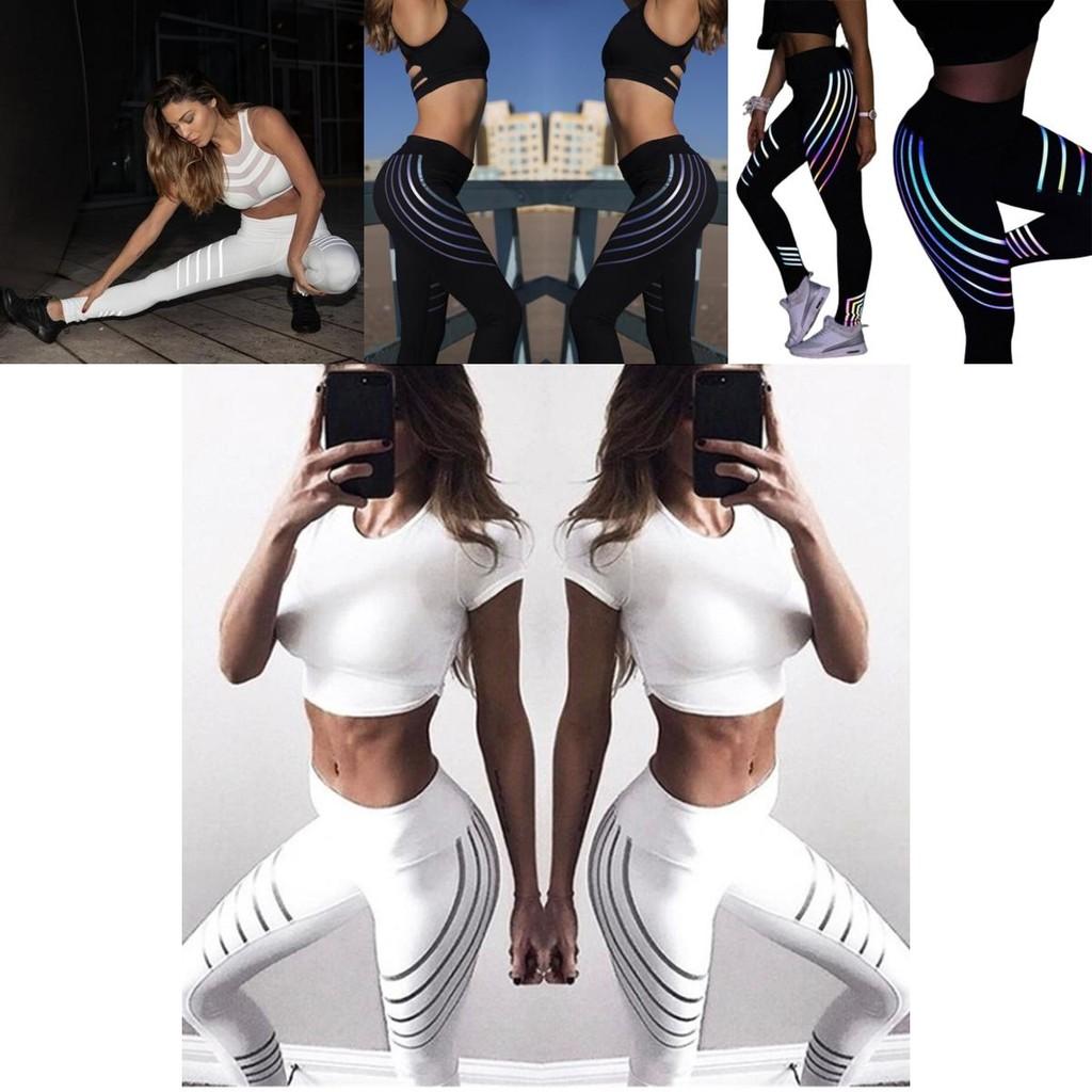 Leggings Taille Haute Femme Bande Réfléchissante Pantalon d'Entraînement Pantalon de Yoga Sport Fitness Sexy