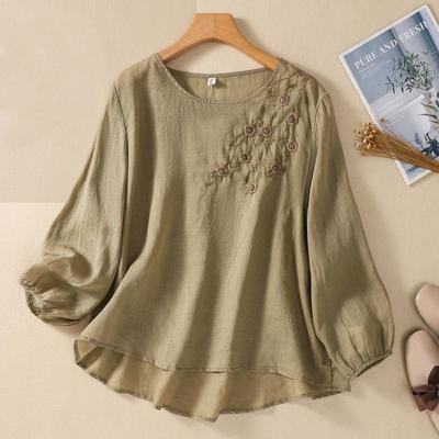 Spring and Summer New Women's Clothing Cotton Embroidered Round Neck Long Sleeve T-shirt Retro Art Loose Pullover Tops