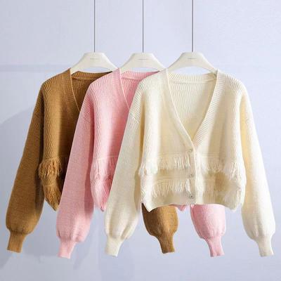 Design Sense V-Neck Double Row Tassel Knit Sweater Autumn New Korean Minority Unique Short Loose Outerwear Cardigan Female