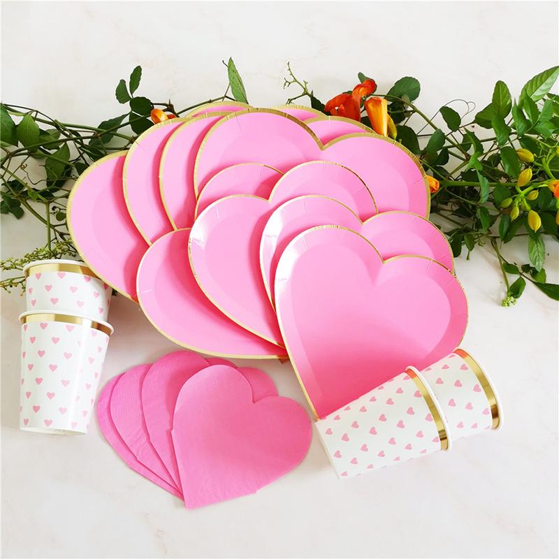 8pcs Valentine's Day Disposable Tableware Disposable Paper Plate Cute Pink Love Shape for Wedding Birthday Decor Party Supplies