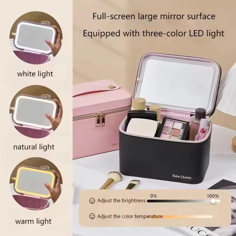 Travel PU Makeup Bag With Led Mirror Portable Cosmetic Case With Mirror And Light Travel Rechargeable Makeup Bag With Led Light