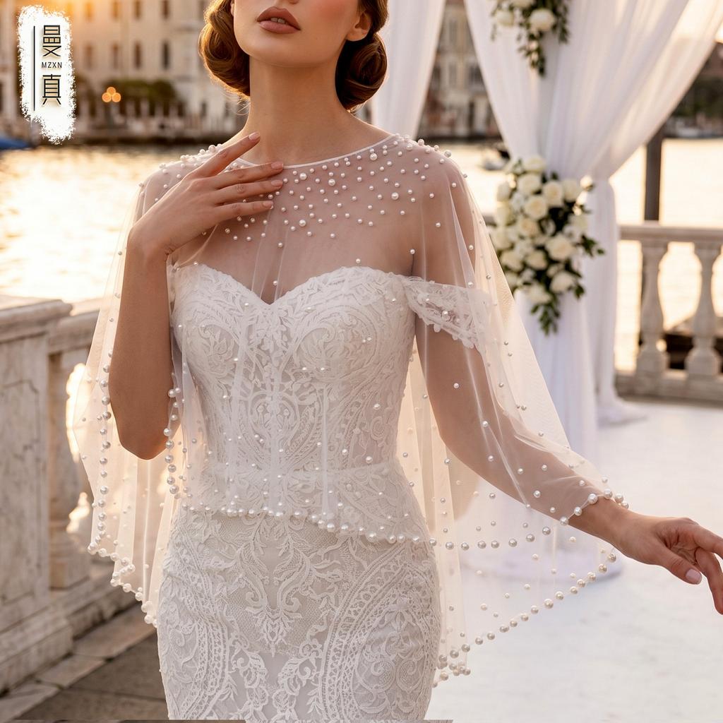 Scattered Mixed Pearl Sheer Tulle Bridal Cape Short Shoulder Wrap Round Neck Cover Up For Backless Mermaid Wedding Gown Elopement Photoshoot