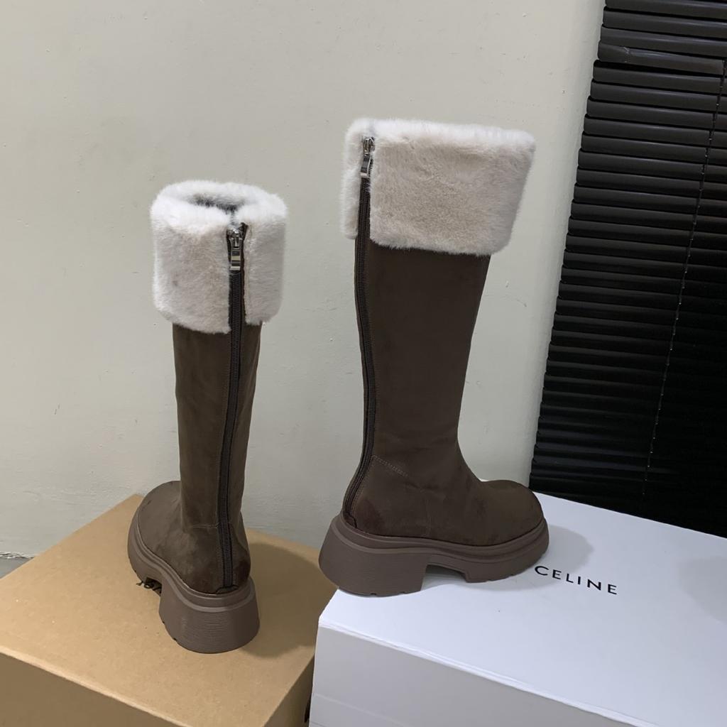 2025 autumn and winter new round head suede rear zipper thick heel tall tube Martin warm snow female knight boots