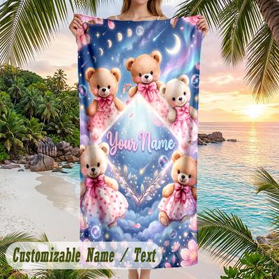 Teddy Bear Theme Beach Towel Personalized Custom Name & Text Soft Quick Dry Beach Towel for Swimming Travel