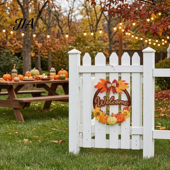 Hello Autumn Wood Plaque Harvest Wooden Wreath Pendant, Front Door Hanging Ornaments with Hemp Rope, Natural Fall Sign Pumpkins Maple Leaves