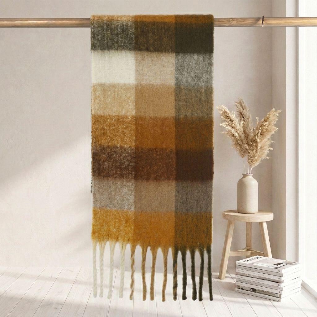 Women's High-Grade Colorful Plaid Mohair Scarf - Thick, Warm, and Versatile for Winter