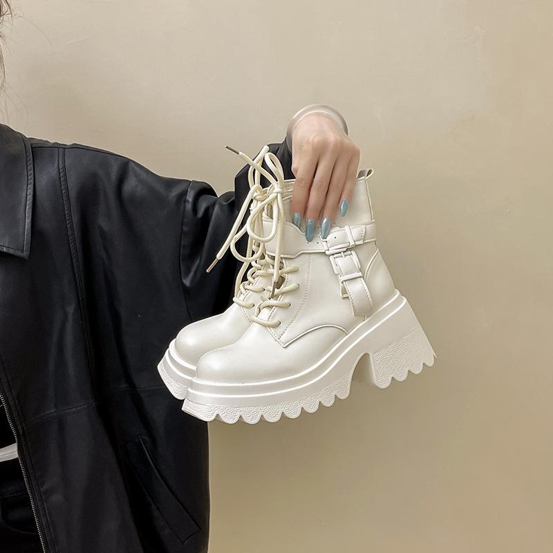 Fashion Retro Leather Boots Versatile Solid Color Platform Martin Boots Autumn and Winter British Style High-heeled Short Boots Small Fashion Boots