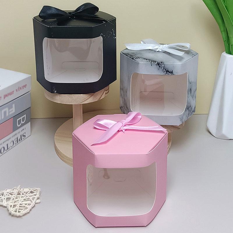 WTEMPO Ribbon Bow Hexagonal Gift Boxes Clear Window Flowers Dolls Presents Display Packaging Boxes DIY Kraft Paper Universal Storage Boxes