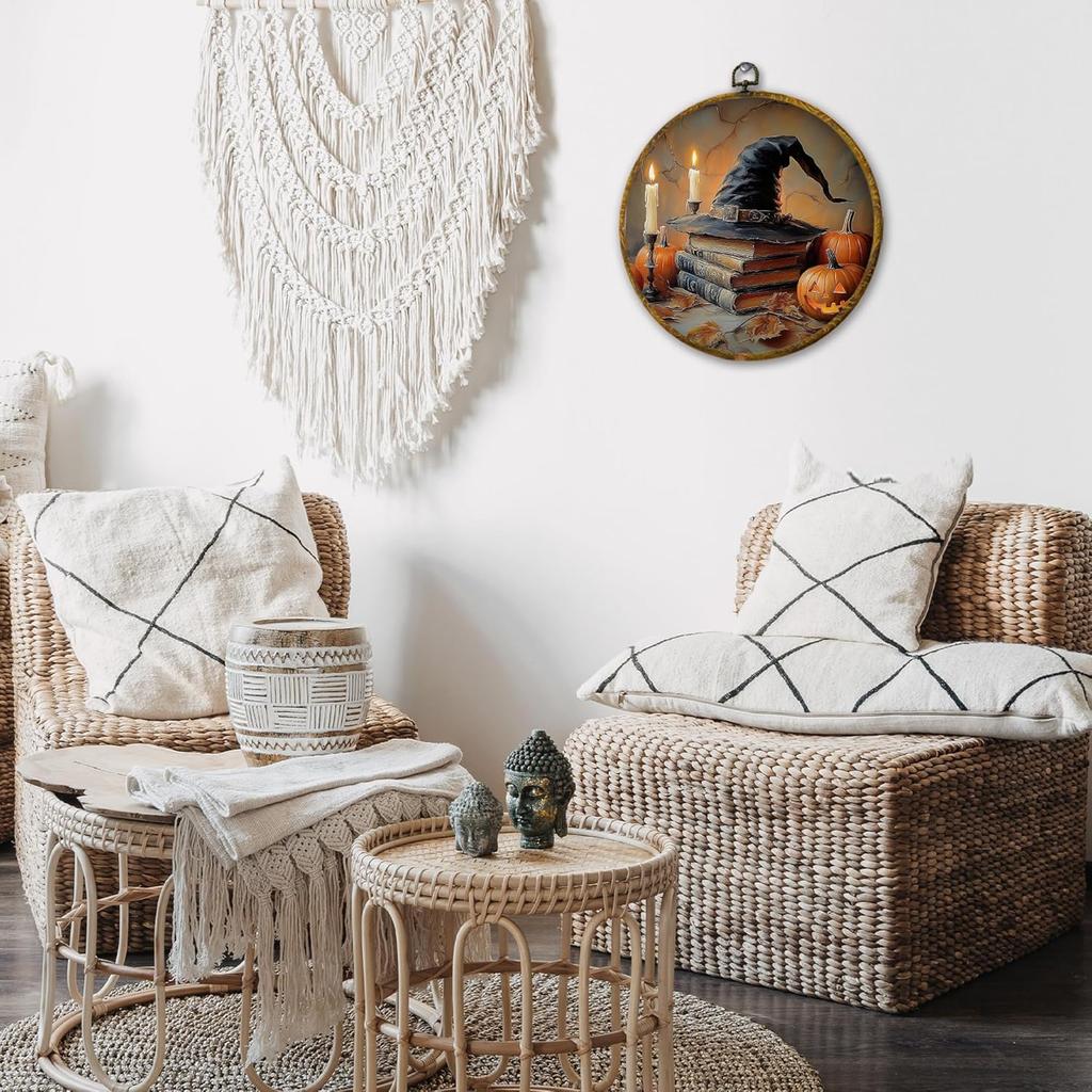 shiviody Fall Halloween Pumpkin Canvas Wall Art Decor, Autumn Halloween Hat Wall Art, Dark Moody Thanksgiving Round Hanging Frame Prints Decorations