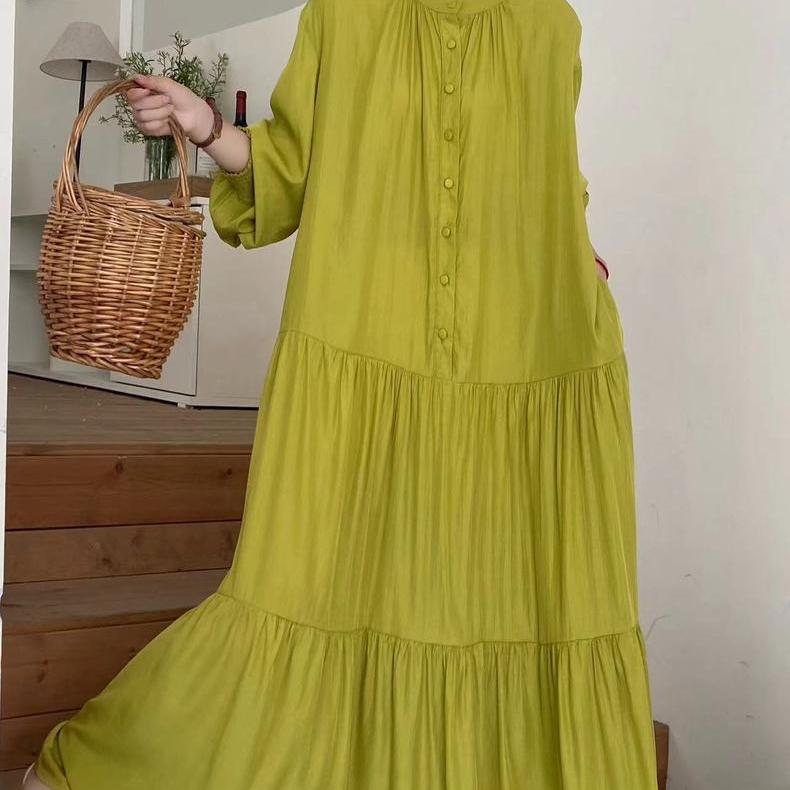 Frenchic Vintage Maxi Dress Women Stand Collar Lantern Sleeve Lace-up Female A-line Elegant Dresses Spring Autumn