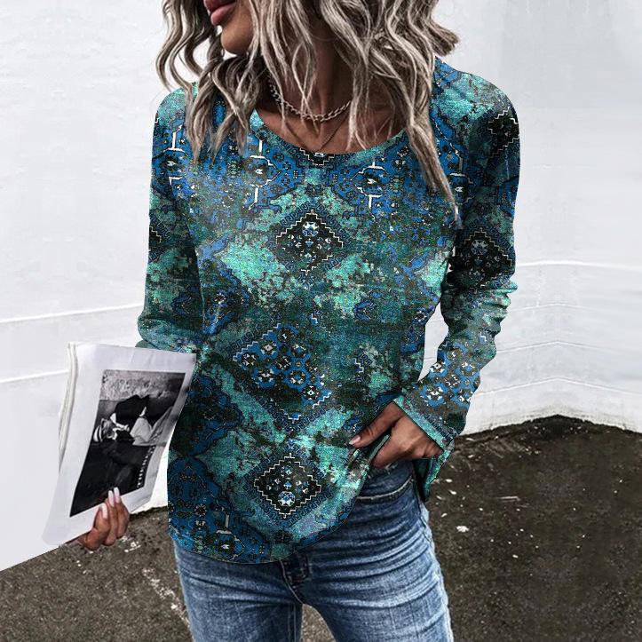 Spring and Autumn Round Neck Flower Pattern 3D Printed Top Fashionable Casual Retro Long Sleeved Women's T-shirts