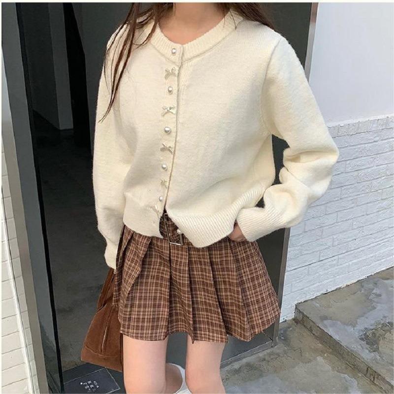 Spring and Autumn Butterfly Knot Cardigan Sweater Women Elegant Pearl Button Korean Style Sweet Jackets Light Yellow Knitted Coats Round Neck Shirts