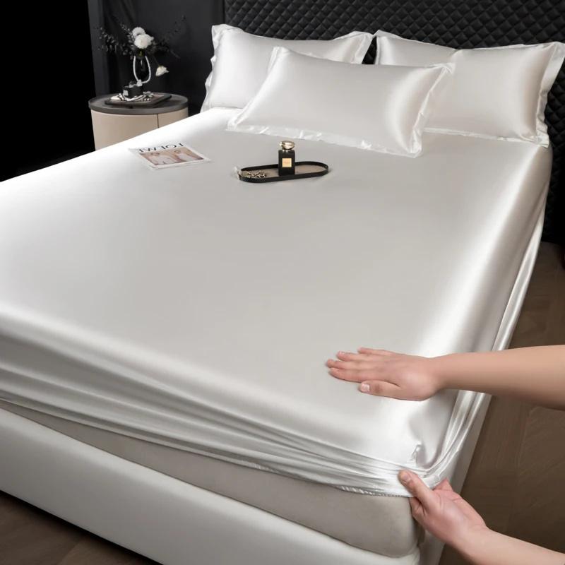 1Pc Satin Elastic Fitted Sheet Solid Mattress Cover for Single Double Couple King Queen Full Twin Bedsheet Satin Bed Linen