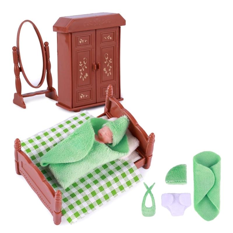 

3inch Realistic Miniature Sleeping Reborns Silicone Baby Doll with Bibs Hat and Furniture for Children Pretend Play