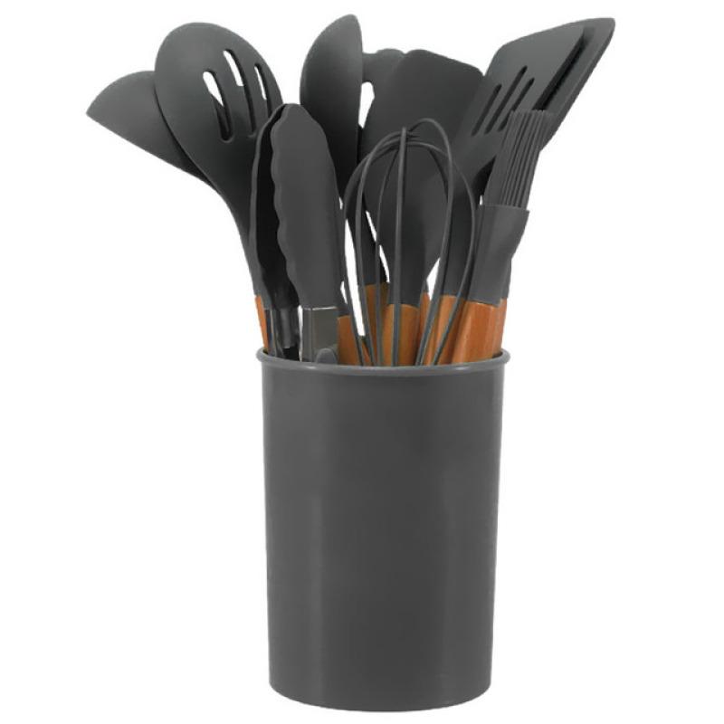 

Черный силиконовый набор кухонной утвари с антипригарным покрытием, лопатка, лопатка, венчики для яиц, деревянная ручка, кухонный набор инструментов для приготовления барбекю чёрный