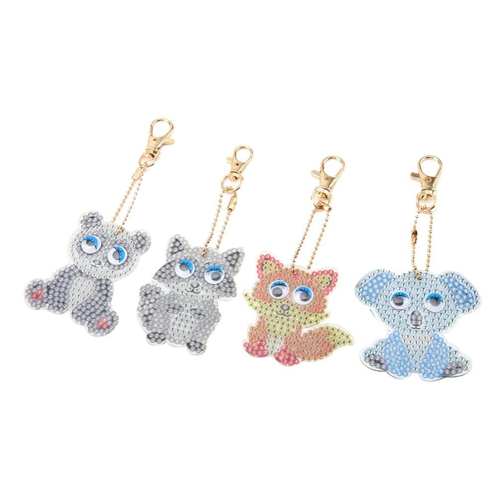 4pcs Rhinestone Resin Diamond Keyrings Self-Stick Cartoon Animal Keychain Craft Art