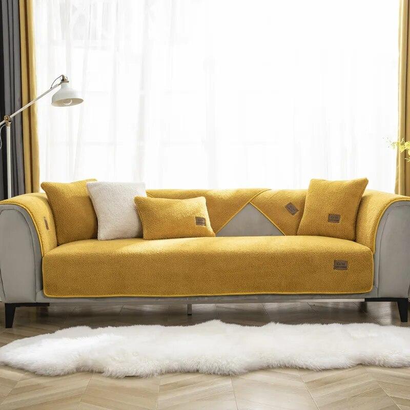 Modern Winter Solid Color Thicken Lambswool Quilted Sofa Cover Soft Plush Sofa Towel Anti-slip Couch Covers For Living Room