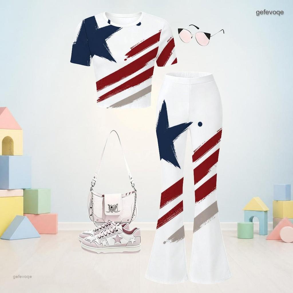 Girls Round Neck Short Sleeve Printed Top And Flared Pants Two Piece Set