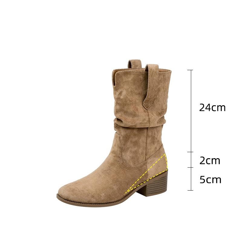 Sheepskin version! Western pleated short boots women's pile boots retro British style small man inner height increase medium tube Martin boots