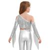 Mädchen Performance Top Ein Schulter Langarm Pailletten Quasten Detail Schönheitswettbewerb Bühne Wettbewerb Crop Top