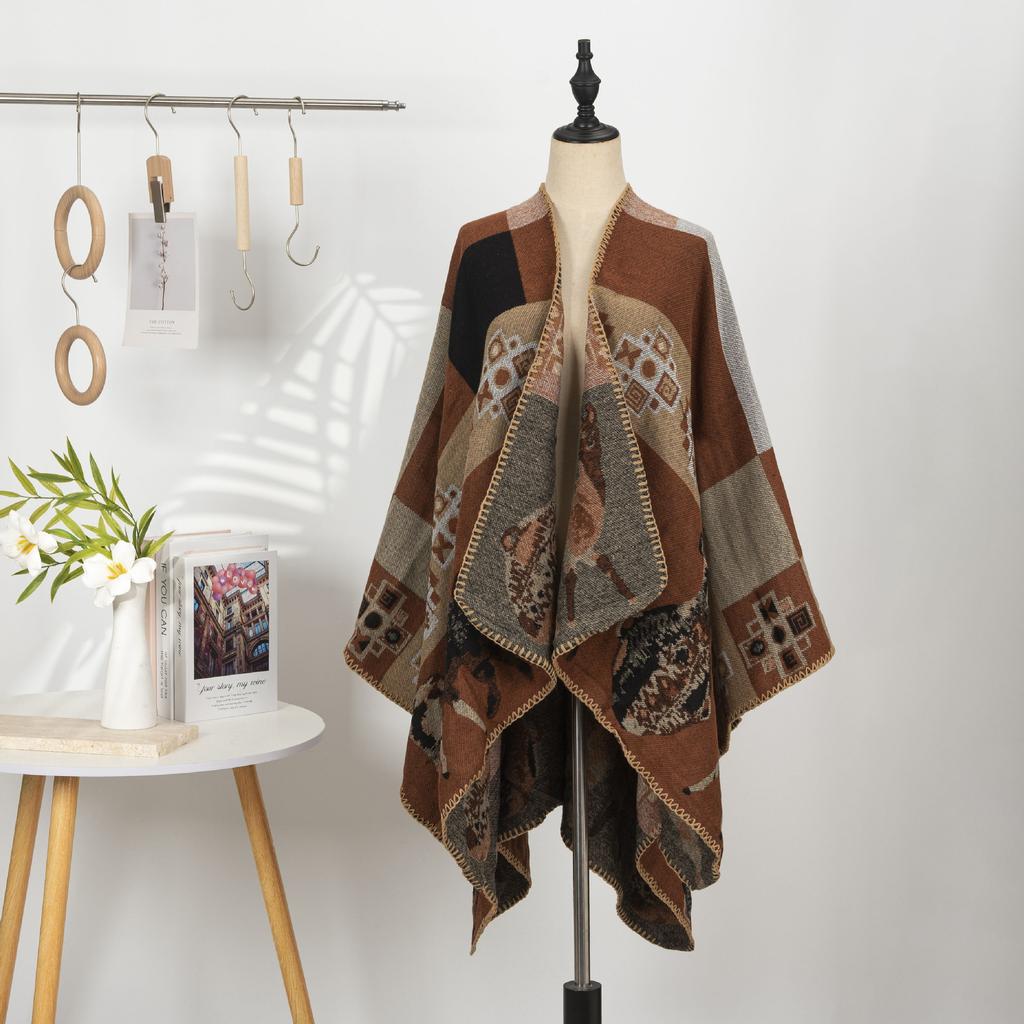 Ethnic Style Printed Shawl Imitation Cashmere Split Cape Warm Scarf Jacket Retro Literary Big Shawl Women