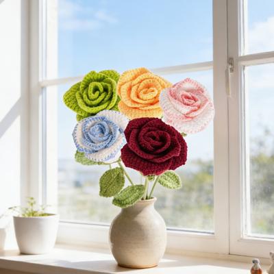 Handmade Crochet Rose Flower Bouquet with Day Anniversary Birthday Leaves Valentine's Knitted Rose Artificial Rose Gift for Women