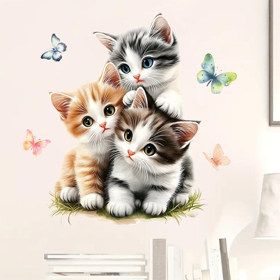 3D Cute Cartoon Kitten with Butterfly Wall Stickers, Healing Style Self-Adhesive Decor for Kids Room Decoration