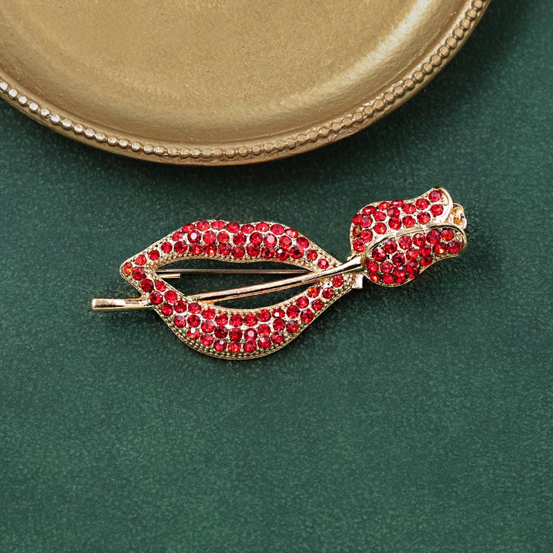 Red Lips Rose Rhinestone Brooch - Heart Design for Clothing