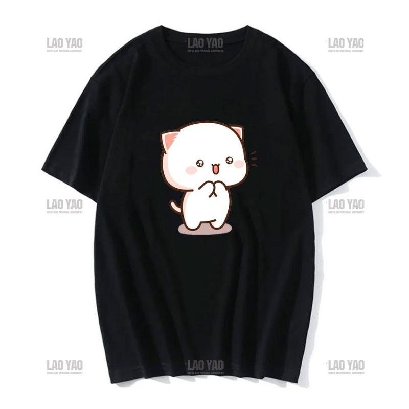 Słodka brzoskwiniowa kotka z kreskówkową parą nadrukowaną koszulką unisex szara wysłana kwiaty do brzoskwiniowej koszulki nowy styl miłośnicy ubrań casualowa koszulka