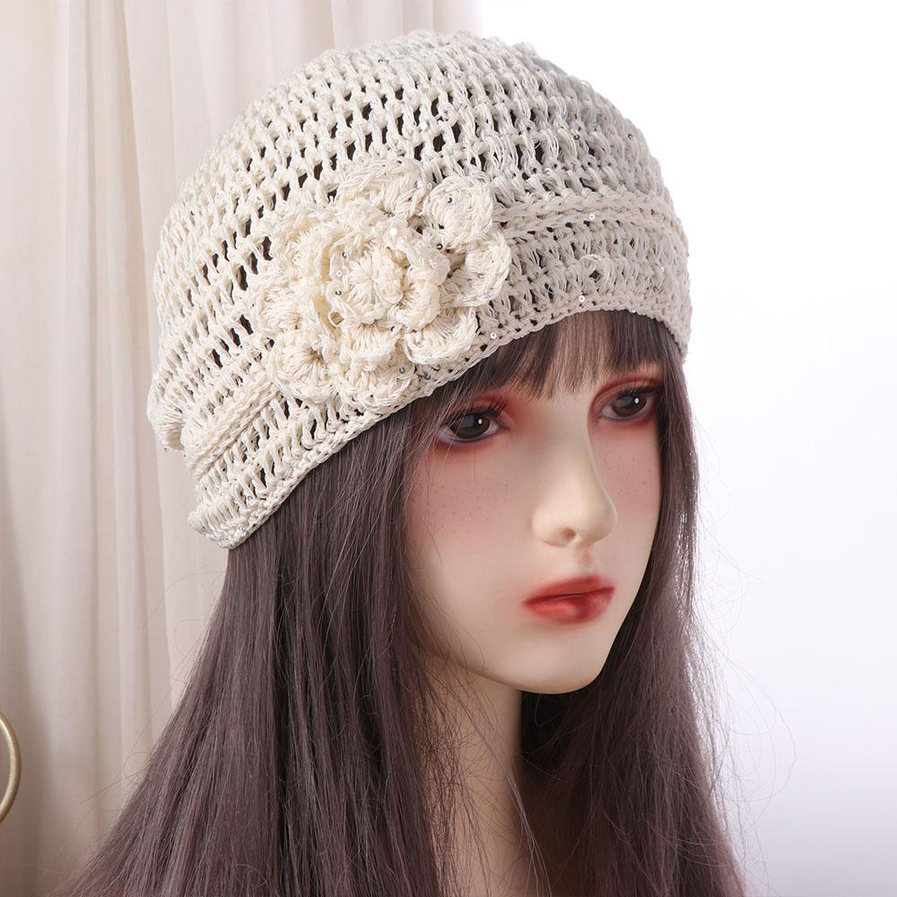 Glitter Crochet Flower Hat Handmade Weave Cap Fashion Sequin Knitted Hat  Outdoor