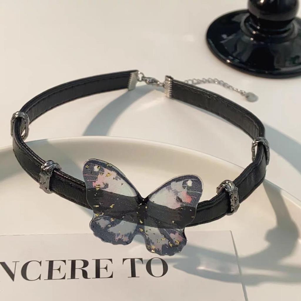 Sweet cool personality babes rivet black leather butterfly choker collar subculture punk necklace collarbone chain tide