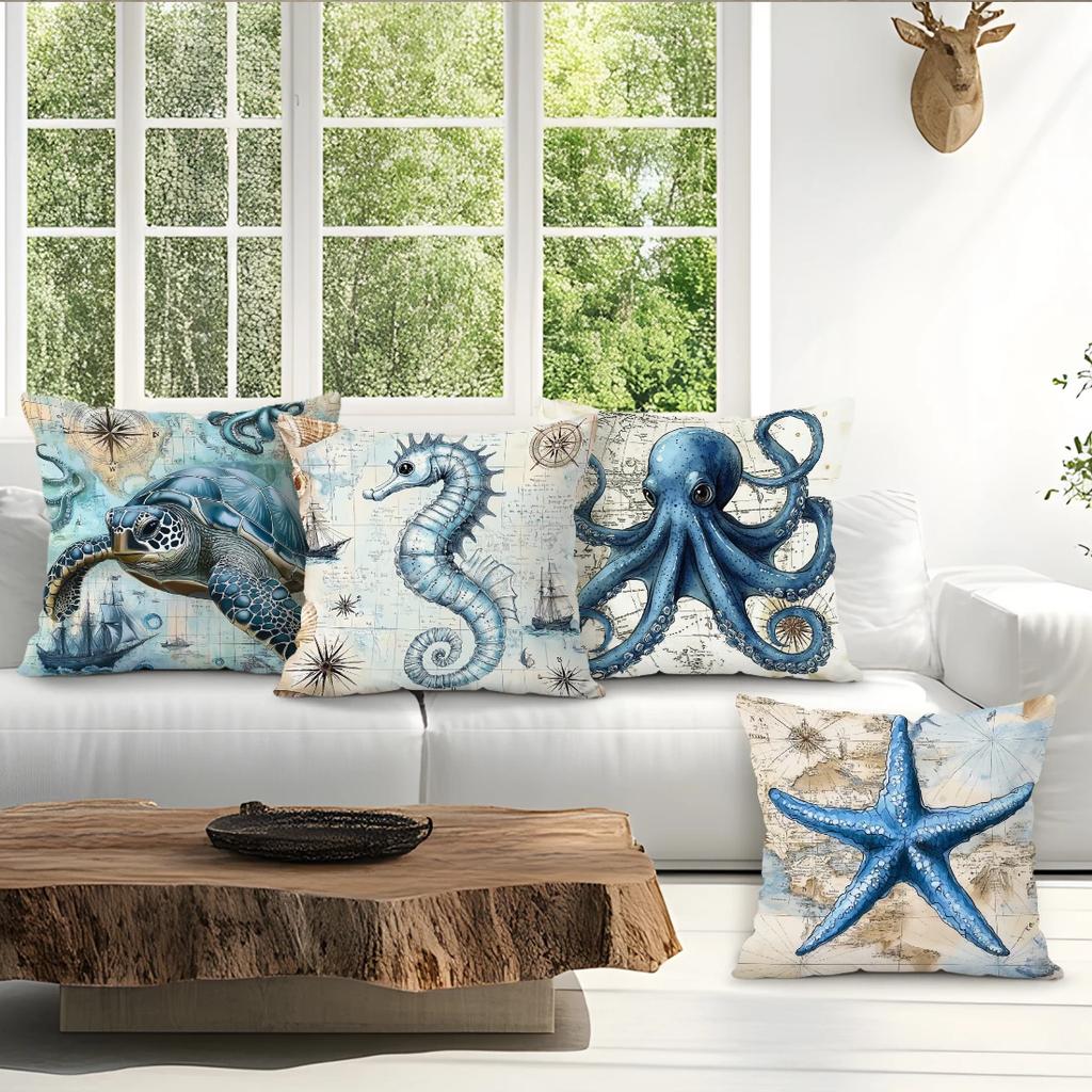 4Pcs Retro Marine Nautical Creature Print Single-Sided Cushion Cover For Living Room Bedroom Car Home Decor