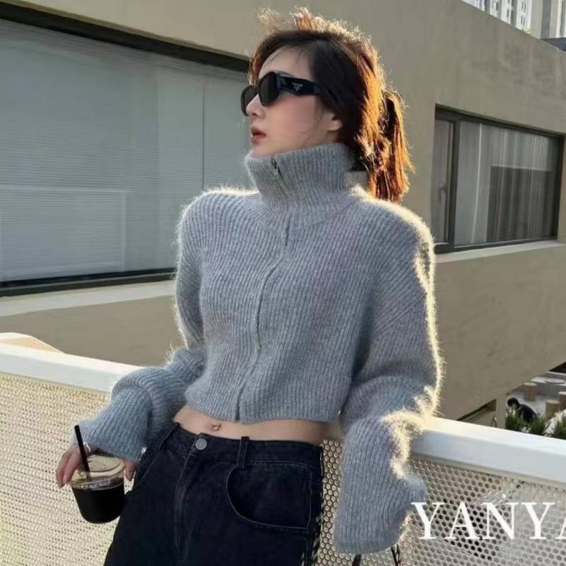 

Осенний новый вязаный свитер с рукавами-фонариками на молнии для женщин, модная водолазка, зимние короткие кардиганы для женщин, винтажный тонкий повседневный кардиган 25540 One Size серый