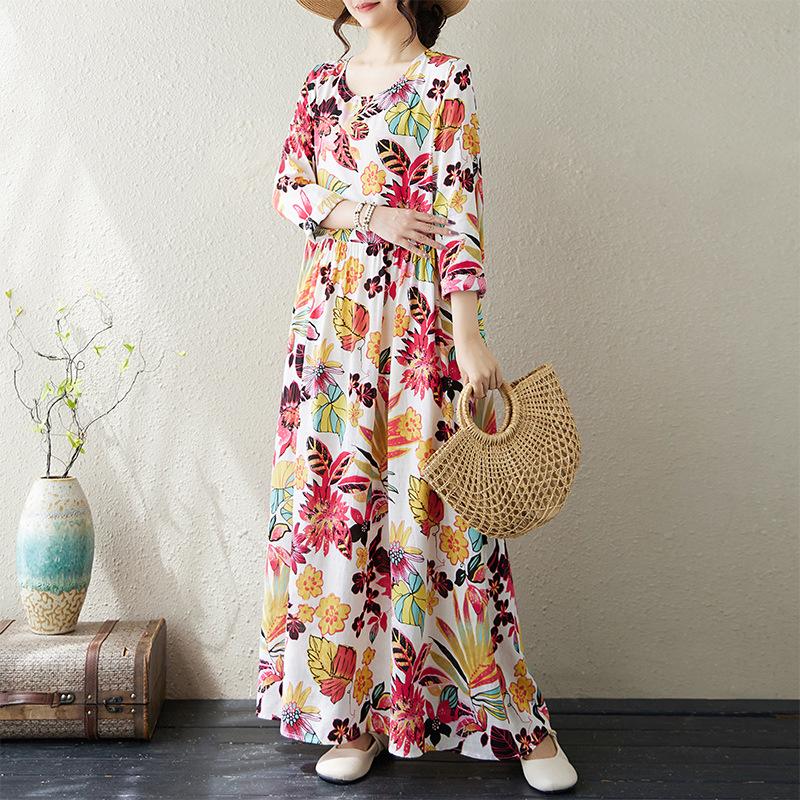 2024 Early Autumn Floral Print Retro Cotton Linen Maxi Dress