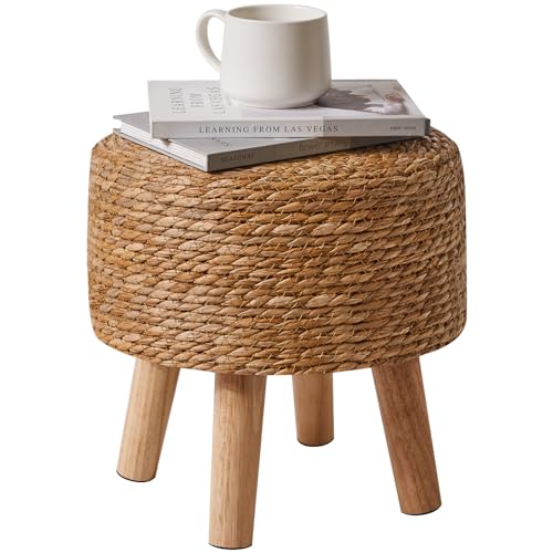 YMYNY Ottoman Stool, Footstool, Handwoven Natural Seagrass, Pastoral Style, with Padded Footrest, Non-Slip, Pine Legs, Wooden Sofa Stool, Suitable for