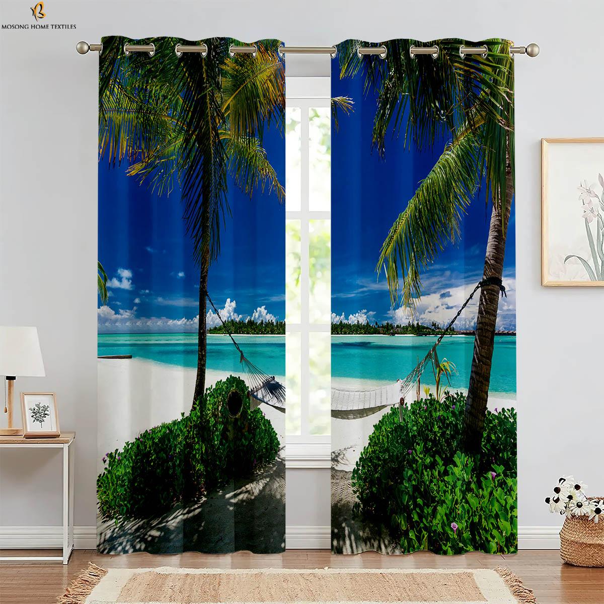 

2 Pieces Of Blue Sky Beach Seaside Scenery 3D Stereo Printing Curtains Kitchen Bedroom Living Room Window Decoration Curtains W50xH130(CM)x2PCS&Rod pocket
