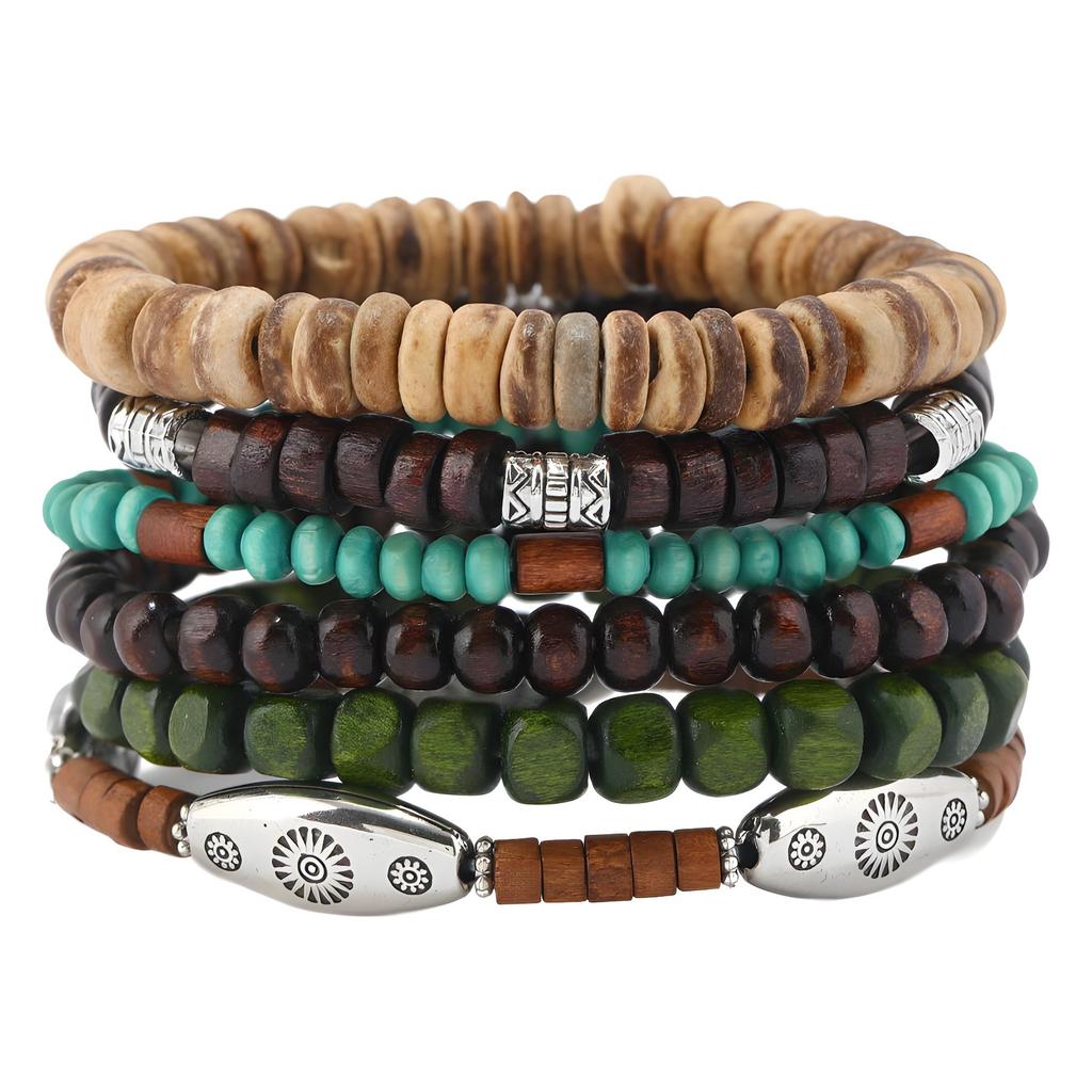 Wood Bead Alloy CCB6-piece Multi-layer Elastic Bracelet Bracelet, Simple Retro Multi-piece Bracelet