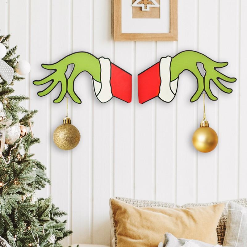 Wooden Christmas Door Hanger With Grinch Wreath Decorative Sign Home Holiday Party Decoration