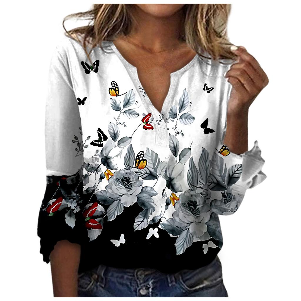 Damenmode V-Ausschnitt Druck 3/4 Ärmel Druck T-Shirt Slim Top Lässige Oberteile
