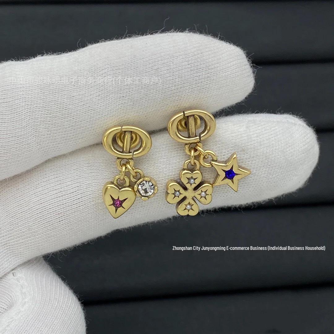 

Retro D-Style Asymmetrical Colorful Clover Heart Star Diamond Earrings for Women - Niche Design by CD